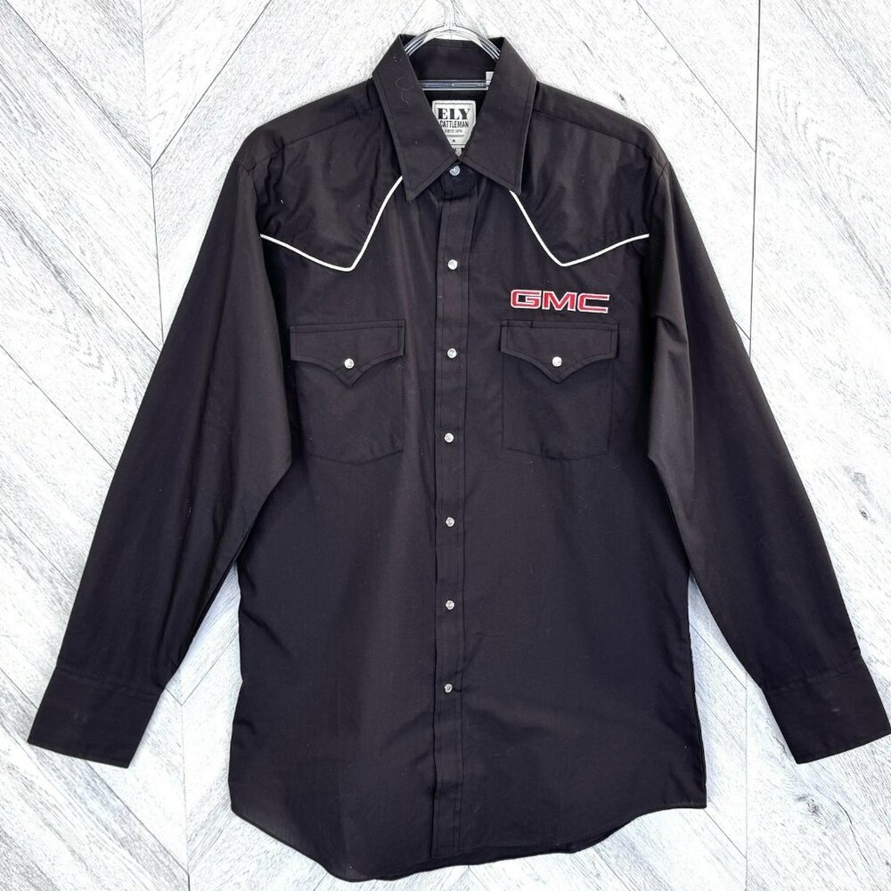 Ely Cattleman Western Shirt GMC Mens Medium Black Pearl Snap Cowboy Rodeo